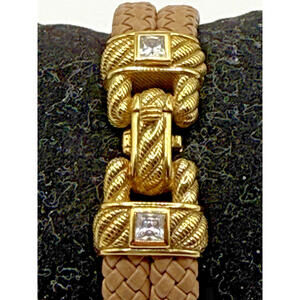 Braided Leather Bracelet Judith Ripka Sterling Silver Tan Leather 7.25 Inch